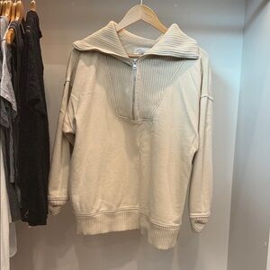 aerie Cream Half-Zip Ribbed Collar Pullover
